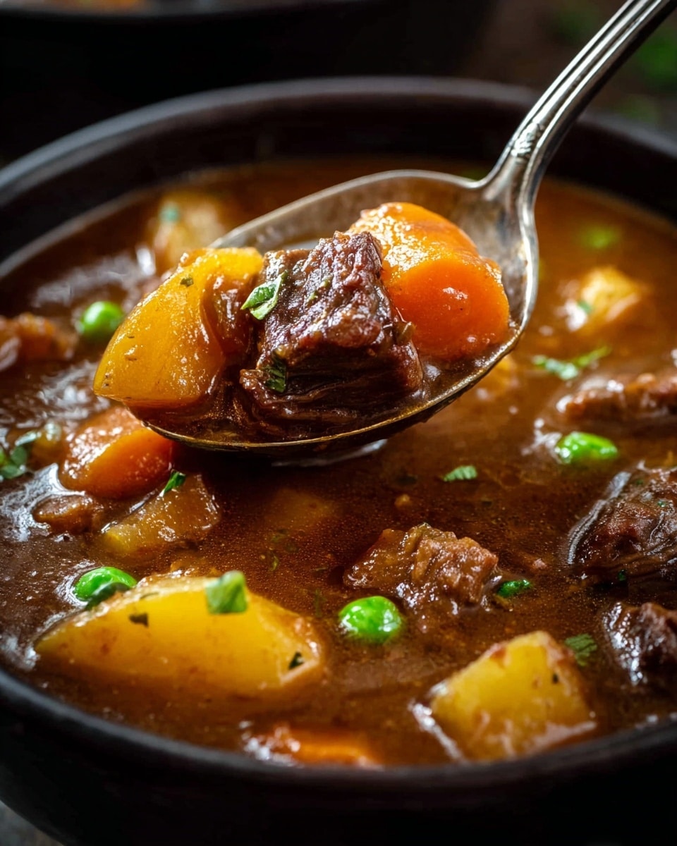 A close-up of a dark bowl filled with a thick brown stew featuring visible layers of chunky orange carrots, yellow potatoes, tender dark brown meat pieces, and scattered green peas, all immersed in a rich, glossy brown broth. A spoon lifts a mix of a potato chunk and a meat piece above the bowl, showcasing the stew's hearty texture and vibrant colors against a white marbled background. Photo taken with an iphone --ar 4:5 --v 7