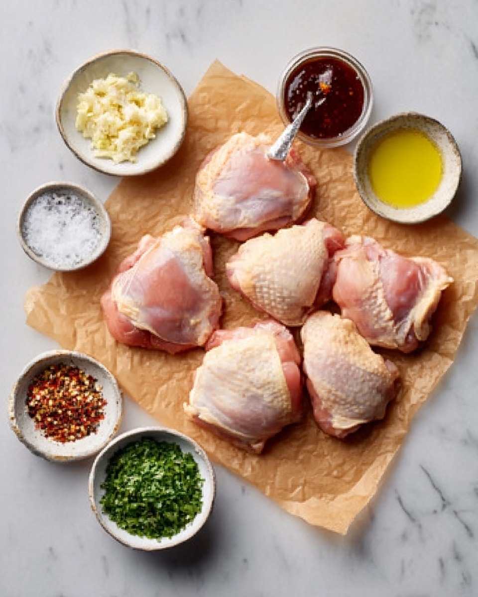 The image shows six raw pieces of chicken thighs placed on a piece of brown parchment paper on a white marbled surface. Surrounding the chicken are six small white bowls arranged in a loose circle: one bowl contains crushed garlic, another holds a dark red sauce, one has finely chopped green herbs, another contains coarse salt with a small spoon, a bowl with a light yellow liquid oil, and one has a mix of crushed black and red pepper flakes. The scene is well lit, focusing on the raw chicken and the colorful ingredients on the white marbled background. photo taken with an iphone --ar 4:5 --v 7