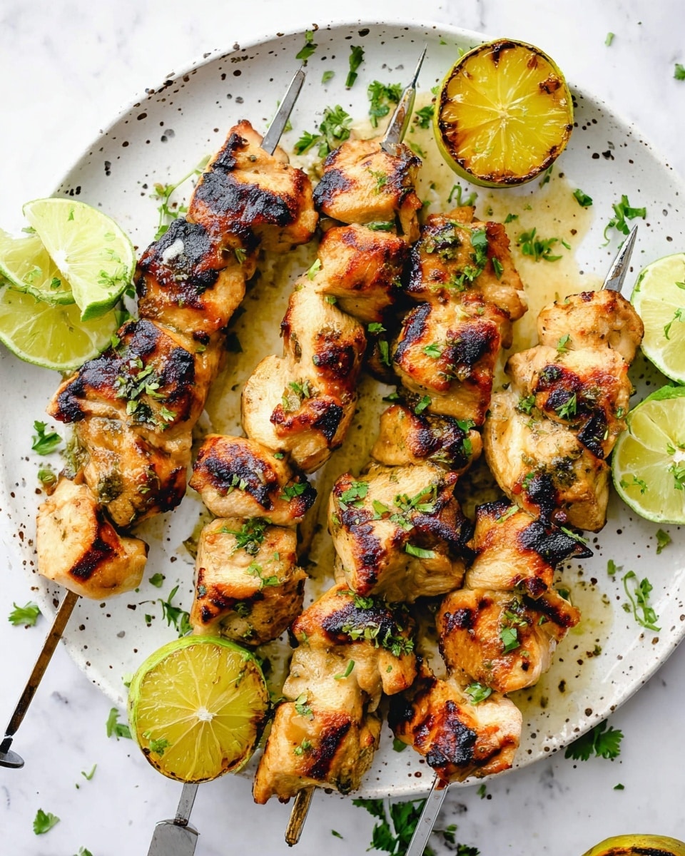 There are four metal skewers laid on a white speckled plate on a white marbled surface. Each skewer has large grilled chunks of light brown chicken with dark grill marks, alternating with thick yellow pineapple pieces. The skewers are topped with small green chopped herbs scattered over the chicken and pineapple. Surrounding the skewers are lime halves and slices, some showing charred grill marks. The overall look is bright with golden and green tones highlighting the grilled food. Photo taken with an iphone --ar 4:5 --v 7