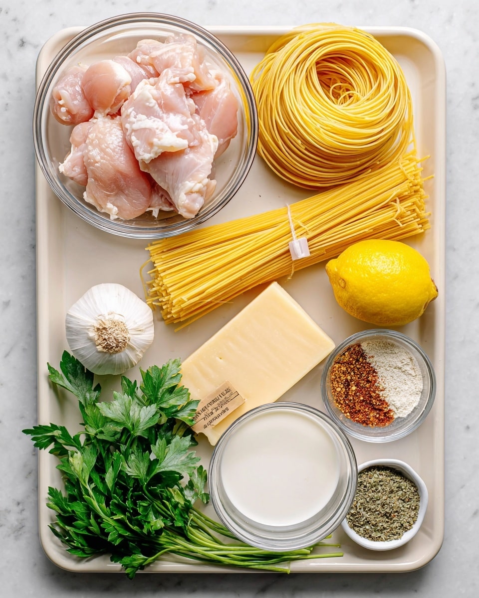A white baking tray with several cooking ingredients arranged neatly on a white marbled surface. In the middle, a clear glass bowl holds light pink raw chicken pieces. Above it, uncooked yellow spaghetti pasta lies in a neat stack. Next to the pasta, there is a wedge of pale yellow cheese and a whole bright yellow lemon. To the right side, a small transparent bowl with a mix of brown, red, and green spices sits next to a clear bowl filled with white milk. Fresh green parsley bundles are placed to the upper left and right sides of the tray. At the bottom left corner, there is a whole white garlic bulb and a brown onion with its dry skin still on. A white stick of salted butter wrapped in paper and a two-compartment dish filled with dried green herbs and spice powders sit on the lower right corner of the tray. photo taken with an iphone --ar 4:5 --v 7
