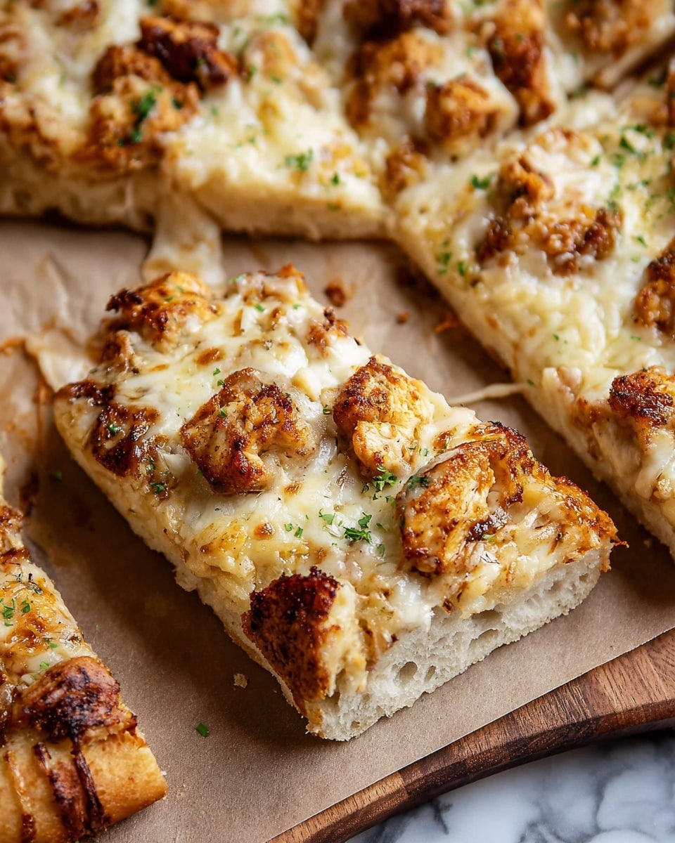 The image shows a close-up view of a thick, fluffy pizza slice with three main layers. The bottom layer is a soft, airy, light golden crust. The middle layer is covered with chunks of golden brown, crispy chicken pieces that look well cooked and spiced. The top layer is melted white cheese with a slightly browned texture in some spots and small bits of green herbs sprinkled over it. The pizza slice is on a light brown parchment paper, set on a wooden board, and parts of other pizza slices are visible around it. The background is a white marbled texture photo taken with an iphone --ar 4:5 --v 7