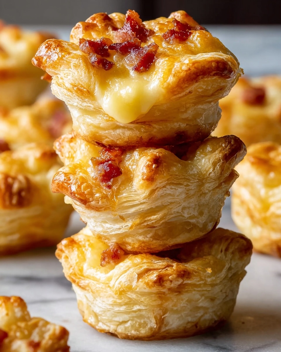 A close-up of a stack of three puff pastry cups filled with melted yellow cheese and small pieces of reddish-brown bacon on top and inside. Each pastry cup has many flaky layers with a golden brown color, showing a light crisp texture. The cheese filling looks warm and slightly creamy, spilling over the edges. In the background, more of these pastry cups can be seen out of focus, all resting on a white marbled surface. Photo taken with an iphone --ar 4:5 --v 7
