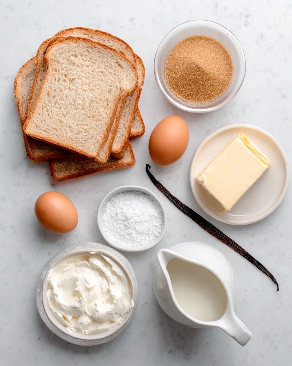 The image shows ingredients for baking arranged neatly on a white marbled surface. There are four slices of light brown bread stacked on the left side, with two brown eggs positioned near the top center. To the right of the eggs is a small white bowl filled with a white powdery substance, likely flour or sugar. Below this bowl is a small white bowl with a few teaspoons of a wet white substance, possibly sour cream or yogurt. On the bottom left is a small white bowl with a granular white substance, likely salt. Next to it, a dark brown vanilla bean lies horizontally. At the bottom right corner, a small white bowl contains a thick pale yellow block, probably butter. In the center above the butter is a clear glass filled with a white liquid, most likely milk. Photo taken with an iphone --ar 4:5 --v 7