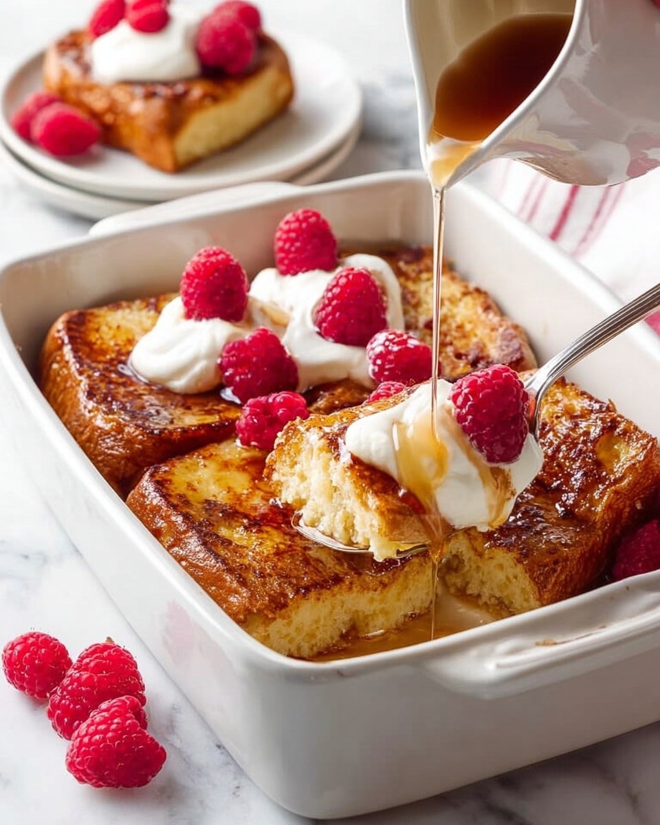 A white baking dish holds four thick, golden brown pieces of baked French toast with a slightly crispy texture on top. The French toast is topped with dollops of white whipped cream and bright red raspberries evenly placed on each piece. A clear syrup is being poured over the toast, creating a glistening effect and pooling slightly at the bottom. A silver spoon scoops out a piece, showing the soft and fluffy inside with syrup and a raspberry on it. The dish is set on a white marbled surface, with more raspberries scattered around and a smaller white plate with another piece of French toast topped with cream and a raspberry in the background. photo taken with an iphone --ar 4:5 --v 7