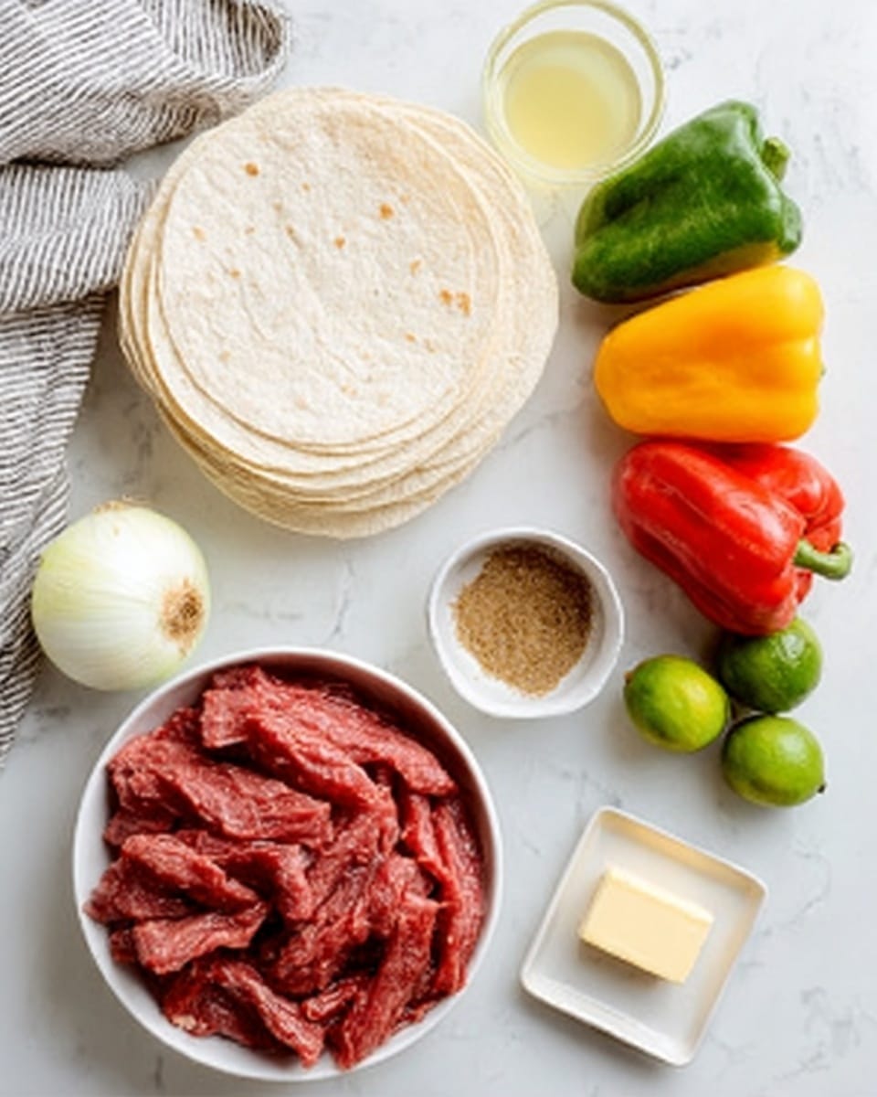 The image shows ingredients neatly arranged on a white marbled surface. There are thin slices of raw red meat placed in a white bowl at the bottom left, with four white tortillas stacked on the right side of the meat. Above the tortillas, two green limes are placed side by side. To the left of the limes is a whole white onion and to its left is a small pile of reddish-brown seasoning powder. Above the meat is a pat of butter on a small white dish, and next to it is a small bowl filled with light yellow liquid, likely oil or broth. At the top right corner are three whole bell peppers in green, yellow, and red colors arranged from left to right. A white and gray kitchen towel is partially visible at the top left. photo taken with an iphone --ar 4:5 --v 7