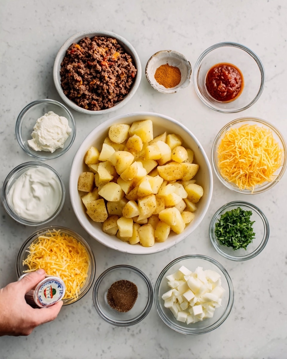 The image shows a white bowl filled with small, peeled yellow potatoes in the bottom left corner, surrounded by several small white bowls on a white marbled surface. Clockwise from the top left, there is a white bowl with dark red cooked meat, a small clear bowl of red chili flakes, a white bowl with cooked ground meat, a white bowl containing chopped white onions, two small white bowls filled with shredded yellow and orange cheese, a small white bowl with green chopped herbs, and three tiny white bowls filled with white sour cream, red sauce, and a mix of black and white pepper. In the center, a small clear bowl holds four cubes of butter. The items are neatly arranged and the photo taken with an iphone --ar 4:5 --v 7