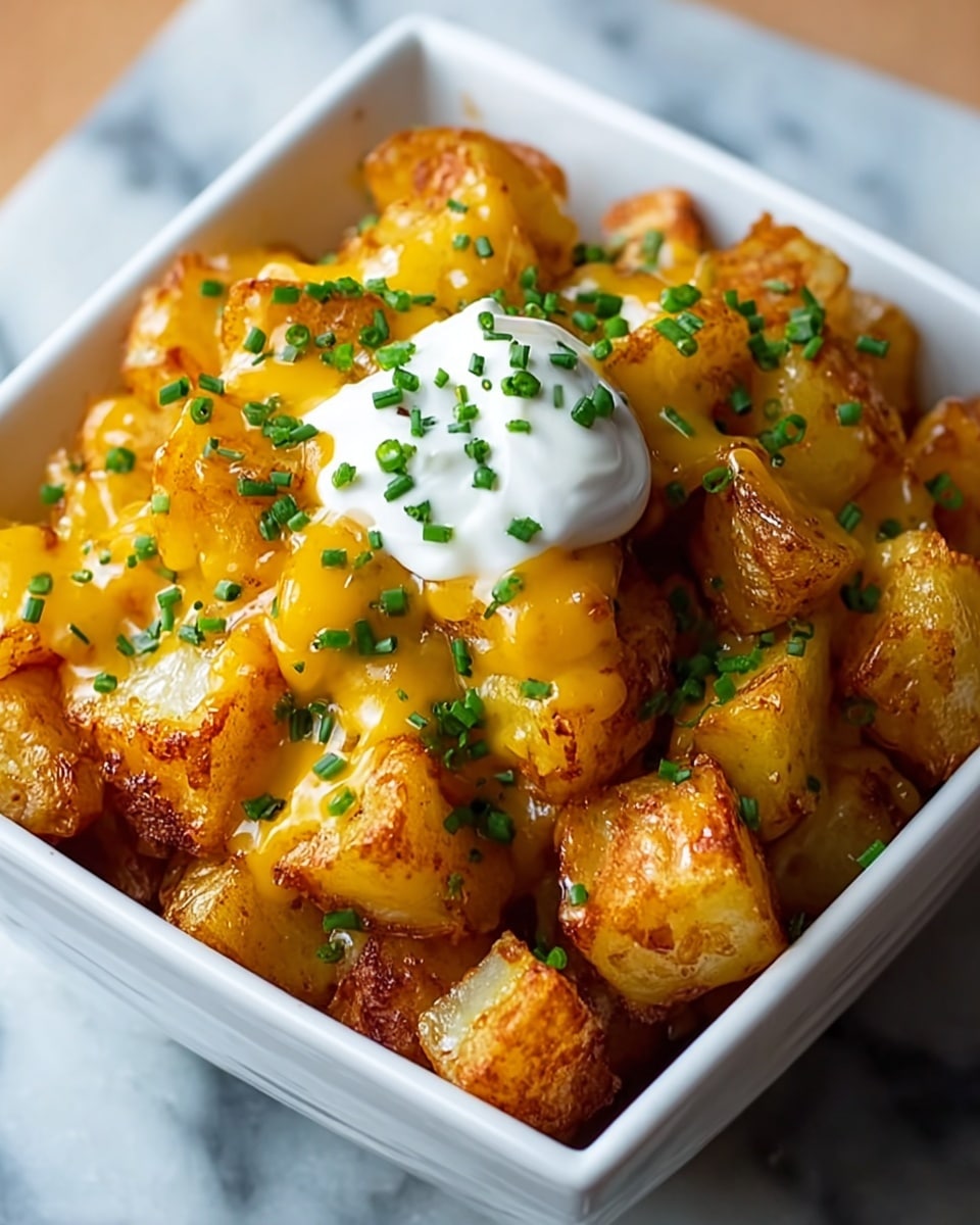 A white square bowl holds a layered dish with golden-brown roasted potato cubes at the bottom, showing a crispy texture. On top of the potatoes, bright yellow melted cheese drips slightly over the cubes, giving a smooth and shiny look. A dollop of white sour cream sits in the center, topped with finely chopped green chives scattered across the dish, adding a fresh color contrast. The bowl sits on a dark cloth with a blurred warm background. Photo taken with an iphone --ar 4:5 --v 7