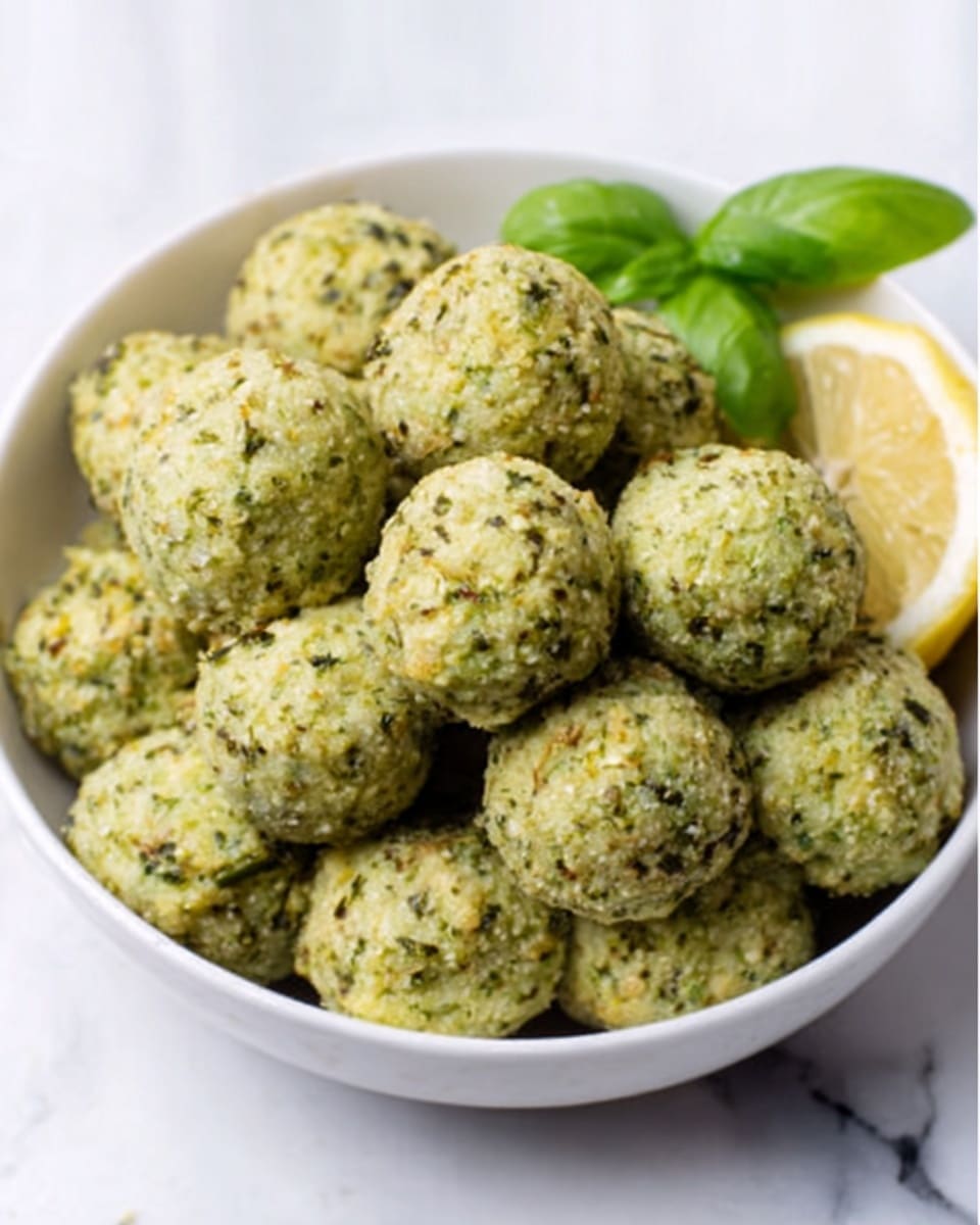 The image shows a white bowl filled with pale greenish meatballs that have small green and orange specks inside them. The meatballs are roughly round and stacked casually inside the bowl. Next to the bowl, on a white marbled surface, there are fresh green basil leaves and a small lemon wedge. The whole scene looks fresh and light, with soft natural lighting highlighting the textures and colors. Photo taken with an iphone --ar 4:5 --v 7
