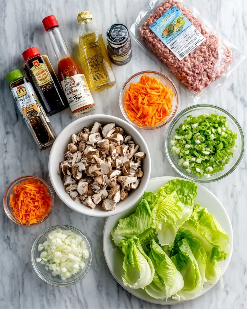 The image shows a white marbled surface with many ingredients arranged neatly. There is a large white bowl filled with chopped mushrooms placed in the center at the bottom. Above it, there is a medium bowl with shredded orange carrots, and to the left of that, a small bowl with chopped white onions. On the far left are some garlic cloves and a small bottle with dark liquid. To the right, there is a bottle of cooking oil next to a green leafy lettuce head. Above that are sliced green onions in a small clear bowl. On the top right corner, there is a white tray with minced meat and a bottle of red sauce next to it. The arrangement is clean and organized for preparing a meal. photo taken with an iphone --ar 4:5 --v 7