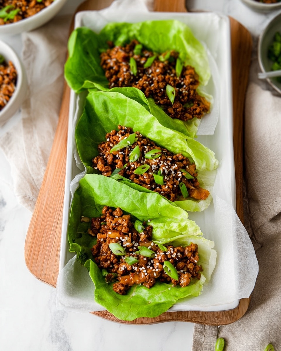 Four lettuce wraps sit inside a white rectangular dish, each with a bright green lettuce leaf forming a cup. Inside each leaf is a layer of cooked ground meat mixed with small pieces of light brown mushrooms and green onion bits, sprinkled with white sesame seeds on top. The dish rests on a folded white cloth over a wooden board with a white marbled surface underneath. Photo taken with an iphone --ar 4:5 --v 7