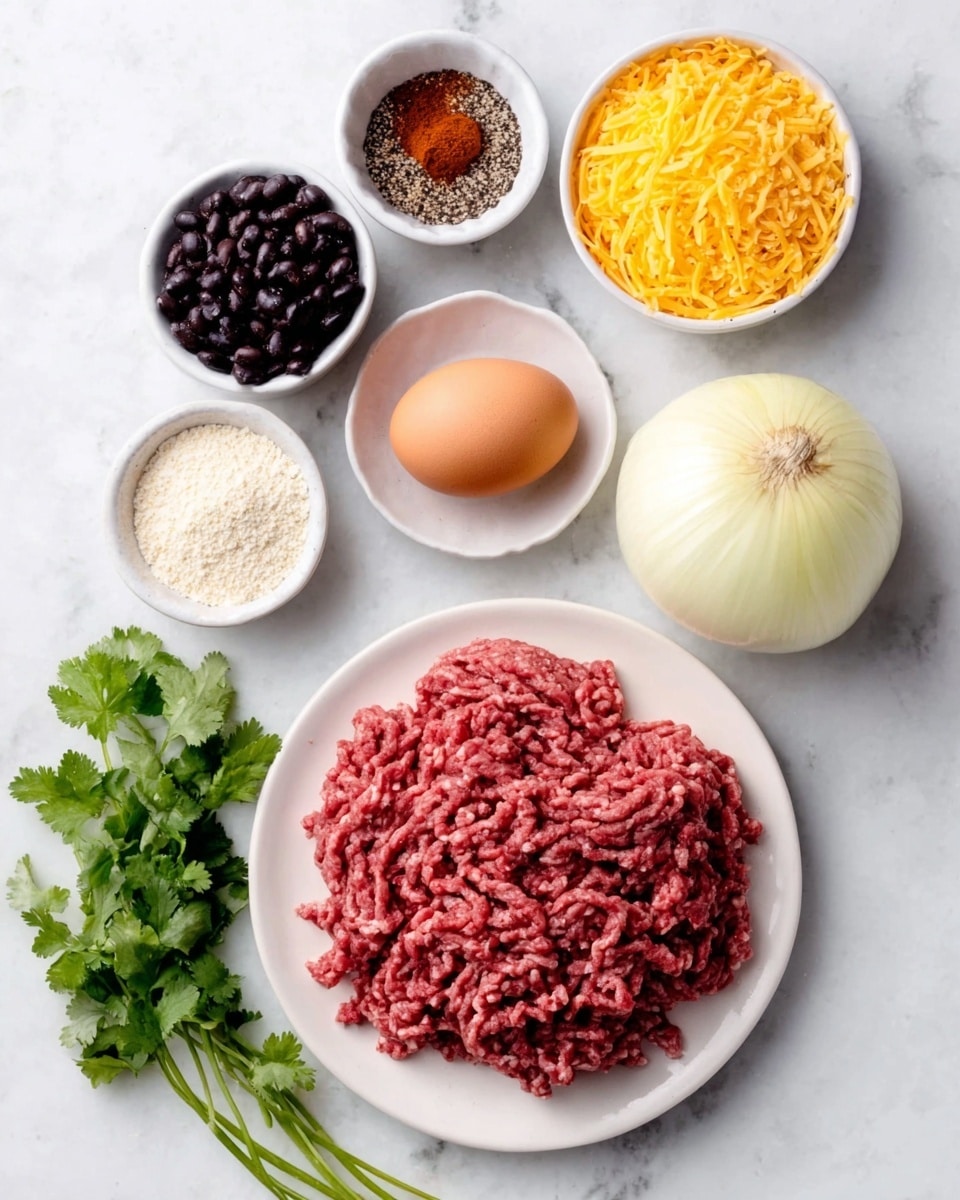 The image shows ingredients neatly arranged on a white marbled surface. At the bottom center, there is a white plate filled with raw ground meat, bright red in color with a coarse texture. To its right, a small white bowl holds shredded yellow cheese with a soft, stringy look. Above the meat and cheese, a whole raw egg with a smooth shell sits next to a large white onion with a pale yellow skin. To the left of the egg, there is a small white bowl containing fine cornmeal, light yellow and powdery. Above the cornmeal, a white bowl contains black beans, shiny and dark with a smooth surface. There are small white bowls holding salt, ground black pepper, and red chili powder arranged above the main ingredients. At the bottom left corner, a small bunch of fresh green cilantro with pointed leaves adds color. The setup has a clean and organized look. Photo taken with an iphone --ar 4:5 --v 7