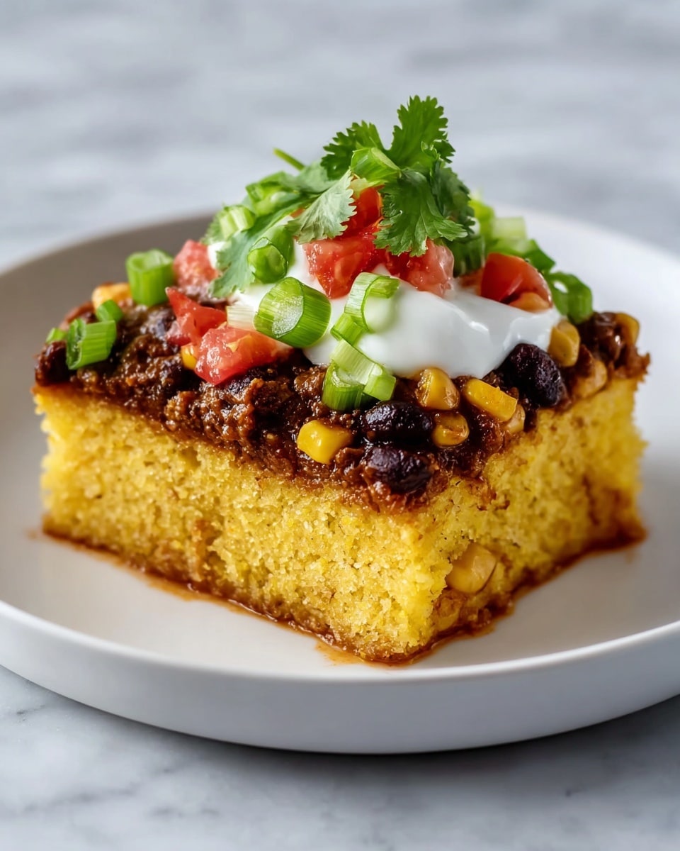 A square piece of cornbread casserole is centered on a white plate with a white marbled surface beneath it. The bottom layer is a dark meat mix with visible black beans and yellow corn kernels, thick and slightly juicy. The middle layer is a thick, moist, yellow cornbread with a slightly browned top. On top, there is a dollop of white sour cream, scattered red diced tomatoes, green chopped scallions, and fresh green cilantro leaves, adding fresh and colorful contrast. photo taken with an iphone --ar 4:5 --v 7