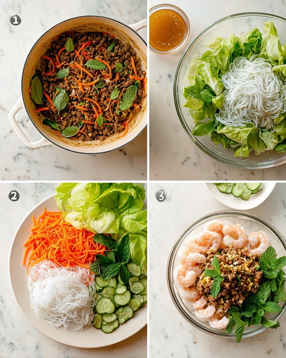 The final dish is shown on a round white plate with a layer of fresh green lettuce and thin cucumber slices arranged on the bottom. On top of this, there are scattered cooked shrimp with a pale pink color and a few sprigs of fresh green mint leaves. In the center of the plate, there is a mound of cooked minced meat with a browned texture, mixed with small pieces of carrots and mushrooms. Surrounding the meat and shrimp, there are some thin carrot strips and bits of red chili peppers, adding color contrast. Nearby, there is a small glass bowl with white noodles and a white bowl with a brown dipping sauce that has visible bits of garlic and chili. The setting is on a white marbled surface photo taken with an iphone --ar 4:5 --v 7
