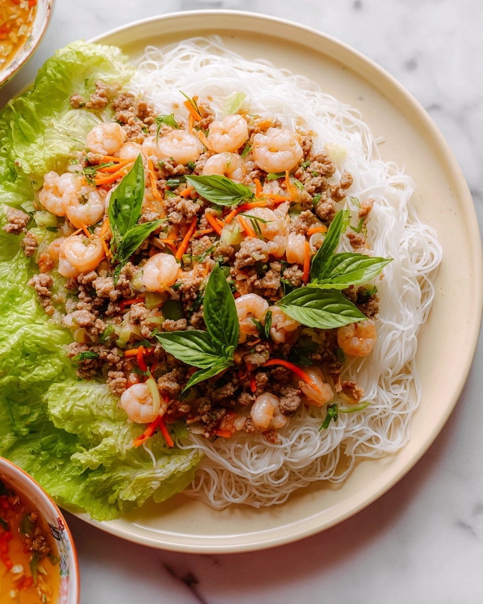 The dish shows a white plate filled with a large layer of thin white rice noodles, topped with a mix of small, plump shrimp and ground meat sprinkled evenly. Bright green basil leaves and leafy greens are scattered over the dish, adding fresh color. Thin orange carrot strips and small pieces of red chili add brightness and texture on top. The ingredients have a slightly glossy look, showing they are lightly cooked or dressed, giving a fresh and appetizing appearance. The plate sits on a white marbled surface, and there is a small white bowl partially visible in the upper right corner. photo taken with an iphone --ar 4:5 --v 7
