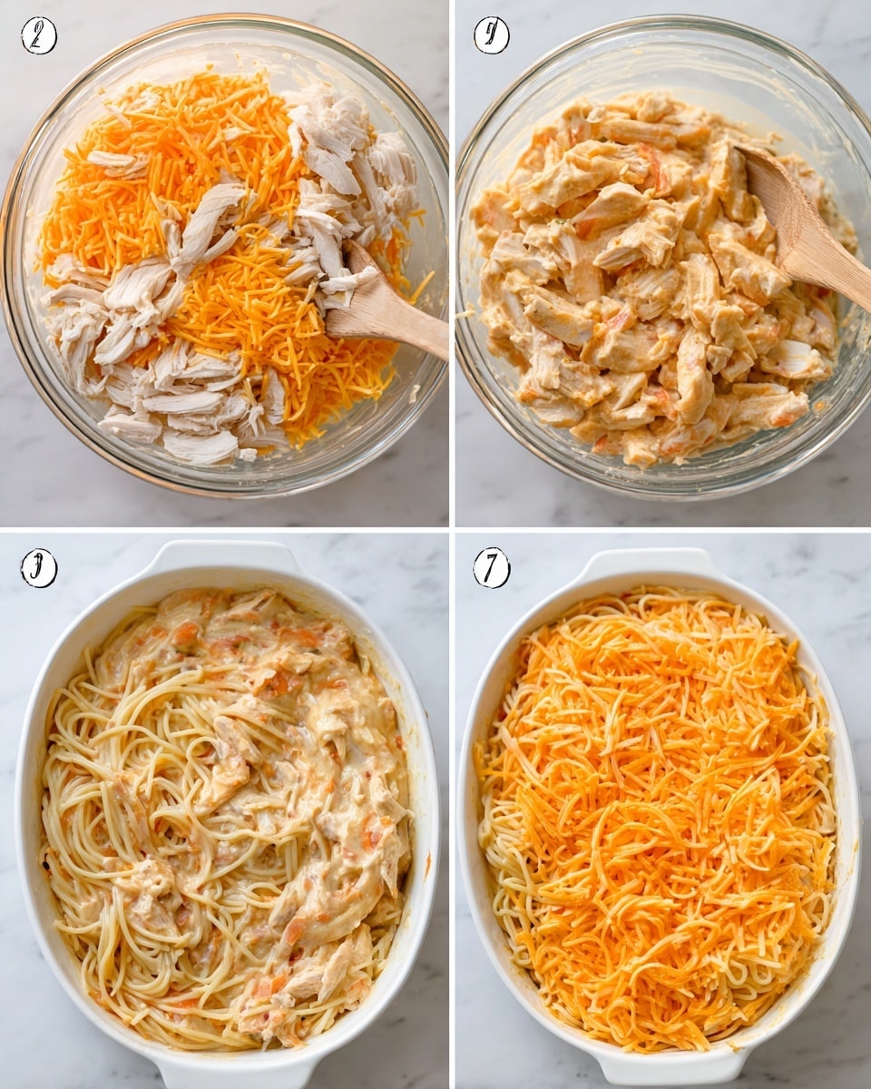 The dish is shown in four steps in white bowls on a white marbled surface. In step 1, shredded white chicken is placed on the top of a layer of shredded orange cheddar cheese and small pieces of yellow butter, with a wooden spoon visible stirring the mix. In step 2, the ingredients are mixed into a creamy, light beige sauce with flecks of black pepper and orange cheddar cheese ribbons, creating a smooth, slightly thick texture with the wooden spoon still stirring. In step 3, spaghetti noodles coated with the creamy sauce are spread evenly inside a white dish with a blue rim, showing a textured tangle of noodles mixed with shredded chicken under the sauce. In the final step 4, a thick layer of shredded orange cheddar cheese is spread evenly on top of the noodle mixture, ready for baking. Photo taken with an iphone --ar 4:5 --v 7