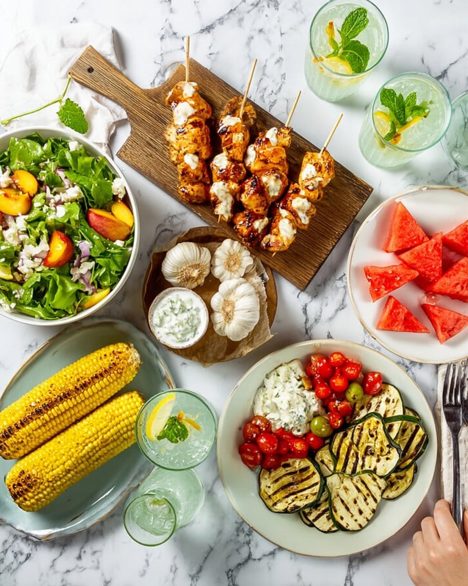 The image shows a white marbled surface with various dishes arranged neatly. In the center, on a small wooden board, are three skewers of grilled chicken pieces with a light sauce on top. To the left, there is a white bowl filled with a salad made of green leaves, grilled peaches cut into slices, halved cherry tomatoes, and small white cheese pieces. Above this salad, three grilled yellow corn ears are placed directly on the marble, with garlic bulbs beside them. On the right, a white plate holds grilled slices of eggplant, zucchini, and red bell pepper, along with cherry tomatoes and a small bowl of white herb sauce. Next to this plate, another white plate has watermelon triangles on wooden sticks. There are three glasses filled with drinks, each containing lemon and mint, placed around the dishes. A woman's hand is partially seen near the top glass. Cutlery wrapped in napkins is placed on the right side. photo taken with an iphone --ar 4:5 --v 7