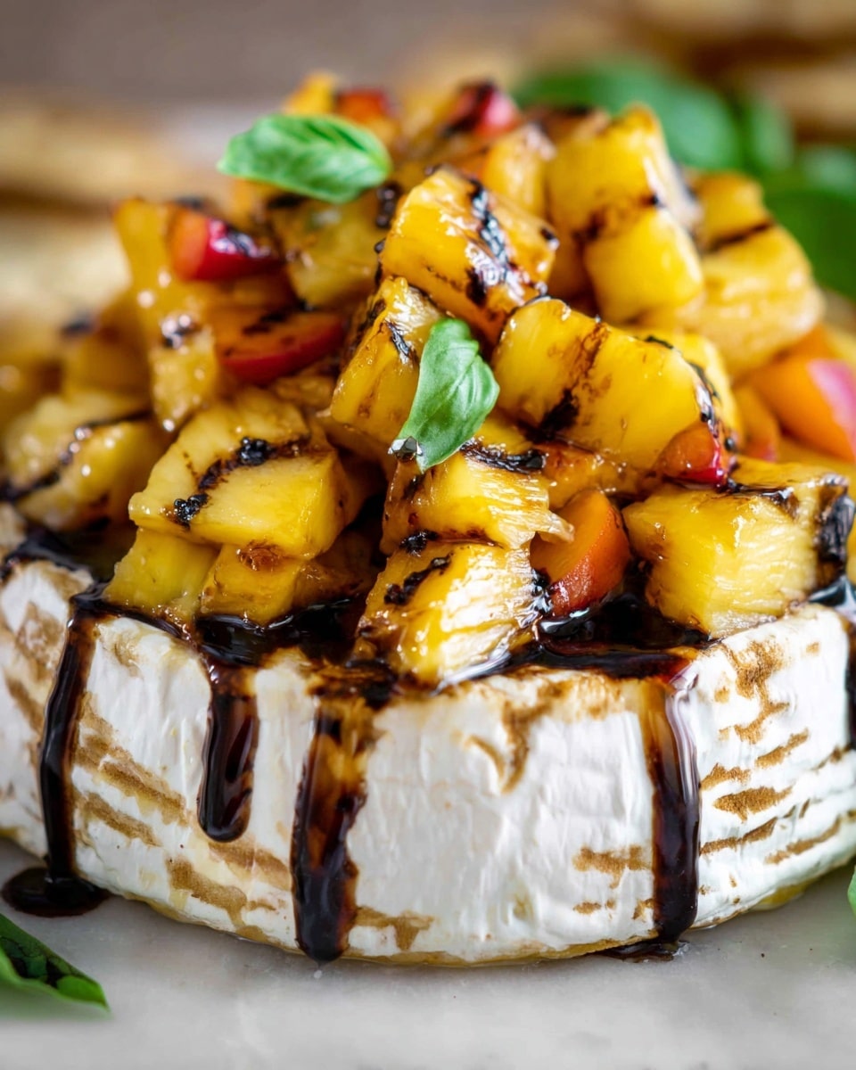 A round soft cheese forms the base layer on a white marbled surface, its creamy white color marked with light brown grilled spots and dripping with thick dark balsamic glaze running down the sides. On top, there is a pile of bright yellow grilled pineapple chunks with slightly charred edges, mixed with small pieces of red and orange fruit or vegetable. A few fresh green basil leaves add a touch of color on top. The close-up view focuses on the glossy texture, showing the juicy pineapple and rich glaze detail clearly, photo taken with an iphone --ar 4:5 --v 7