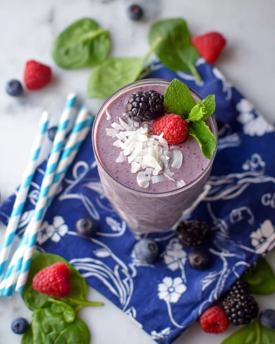 A glass holds a light purple smoothie, topped with white coconut flakes, a red raspberry, and a small green mint leaf. The glass is placed on a blue cloth with white floral patterns, which sits on a white marbled surface. Around the glass, there are scattered fresh raspberries, blackberries, blueberries, and green spinach leaves. Two blue and white striped straws lie on the left side of the scene, adding a playful touch. photo taken with an iphone --ar 4:5 --v 7