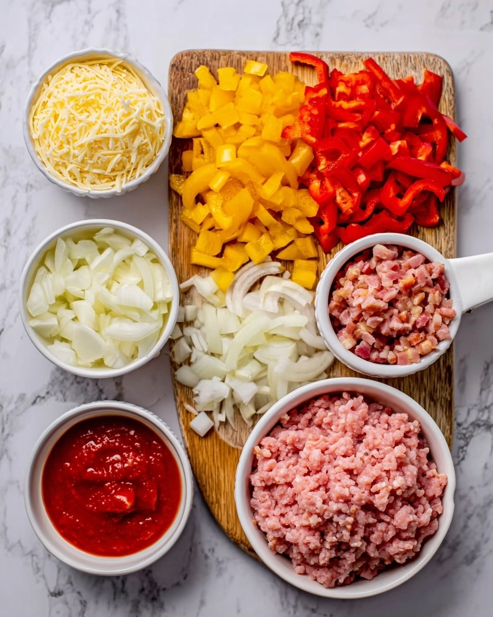 The image shows ingredients for cooking arranged neatly on a white marbled surface. There is a wooden board with four sections of chopped vegetables: red bell peppers at the top right, yellow bell peppers below them, white onions at the bottom left, and finely chopped raw meat near the center in a small white cup. Surrounding the board are three white bowls: one filled with cartoonish grated cheese on the top left, another filled with raw ground meat to the right, and a third bowl of red sauce placed at the bottom right. A woman's hand holds a small white cup containing bits of uncooked bacon or small meat pieces, positioned near the center bottom. The overall color is bright with the reds, yellows, and whites contrasting well. Photo taken with an iphone --ar 4:5 --v 7