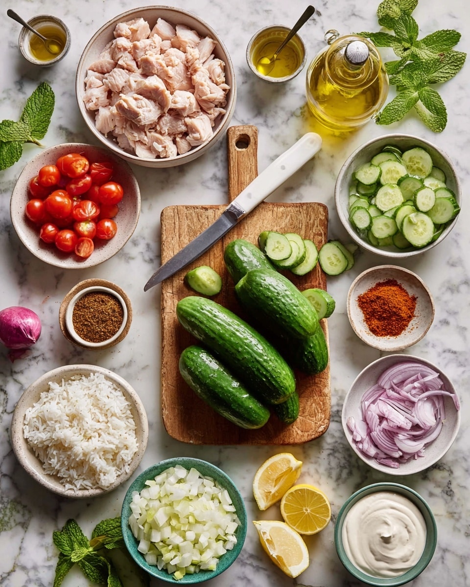 The image shows a top view of fresh ingredients arranged on a white marbled surface. In the center, there is a wooden cutting board with several whole green cucumbers and some cucumber slices near a small knife with a white handle placed on top. Around the board, there are various small white and green bowls holding raw diced chicken, cherry tomatoes on the vine, sliced red onion, peeled garlic cloves, cooked white rice, chopped pickles, lemon halves, and creamy yogurt and tahini sauces. There are also two small white plates holding different spice mixes with rich warm tones like brown, orange, black, and red. A glass bottle of olive oil and fresh green mint leaves are scattered nearby. The arrangement is neat and vibrant. photo taken with an iphone --ar 4:5 --v 7