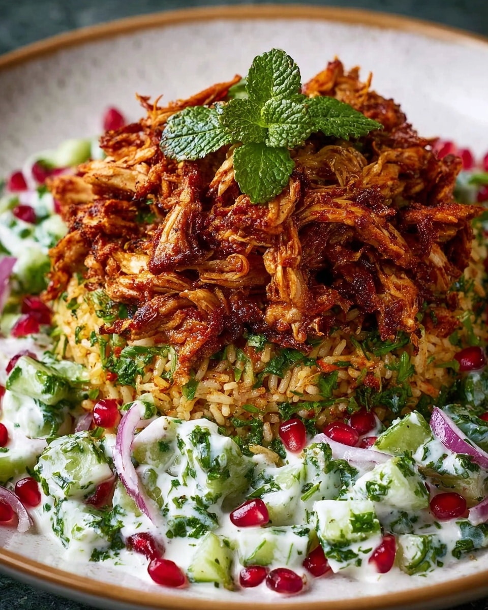 The dish is served on a white plate with a white marbled texture beneath. It has three main layers: the bottom layer is a fresh salad made of chopped cucumbers, red onion slices, and green herbs, all mixed with white yogurt sauce dotted with small green herb pieces and bright red pomegranate seeds. The middle layer is a mound of golden-brown rice flavored with spices and garnished with finely chopped green herbs. On top, there is a generous heap of shredded, richly browned chicken with a slightly crispy texture and deep reddish-brown color, crowned with a fresh green herb leaf in the center. Photo taken with an iphone --ar 4:5 --v 7