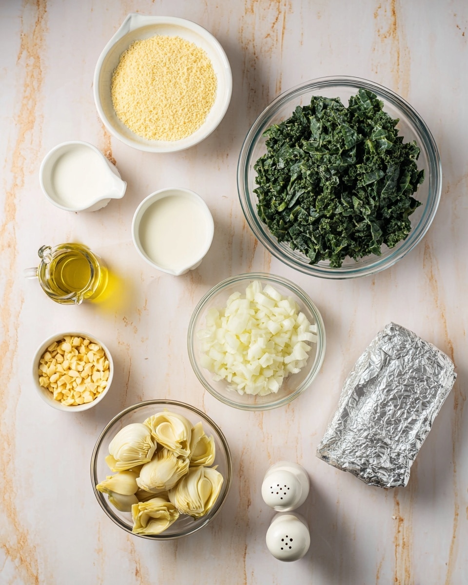 A top view of several ingredients arranged separately on a white marbled surface, including a white bowl filled with light yellow crumbs at the top left, a small white measuring cup with white liquid beside it, a large clear bowl with dark green chopped leafy vegetables to the right, a white bowl with chopped white onions at the bottom left, a small clear bowl containing tiny yellow pieces near the bottom left, a clear glass bowl with pale yellow artichoke pieces at the bottom center, two white salt and pepper shakers in the middle, a wrapped silver foil package to the right, and a clear glass bottle with light yellow oil at the bottom left corner. Photo taken with an iphone --ar 4:5 --v 7