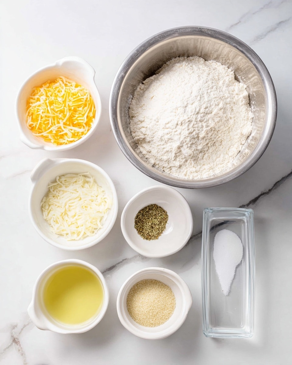 The image shows a white marbled surface with several small white bowls and a large silver mixing bowl arranged neatly. The large bowl at the top center holds a mound of white flour with a powdery texture. Below it to the left, a small white bowl contains shredded yellow and white cheese. To the right of the cheese, another small white bowl has fine white granulated sugar. Below the sugar bowl is a small white bowl filled with light tan yeast granules. Next to that, a white bowl holds several dry seasonings with colors ranging from green, pale yellow, and off-white. At the bottom left, a small white bowl contains a pale yellow liquid oil. Finally, a clear rectangular glass dish is placed at the right edge. The composition is bright and clean, emphasized by the white marbled texture background. photo taken with an iphone --ar 4:5 --v 7