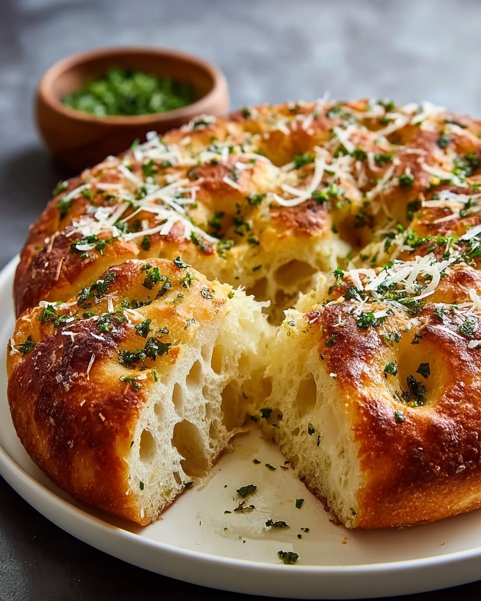 A round focaccia bread with a thick, golden-brown crust topped with small green parsley pieces and thin white cheese shreds, with a piece pulled out to show its soft, airy inside full of holes, sitting on a white plate on a white marbled surface, with a small wooden bowl of green herbs blurred in the background, photo taken with an iphone --ar 4:5 --v 7