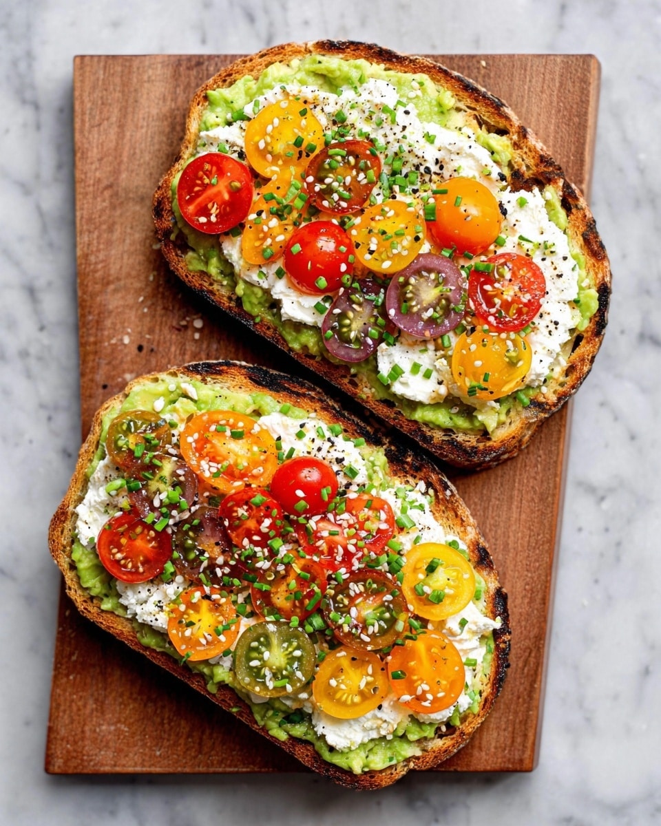 Two slices of toasted bread on a wooden board set on a white marbled surface. Each slice has three layers: the bottom layer is smashed green avocado spread evenly, the middle layer is white cottage cheese dolloped thickly, and the top layer consists of colorful halved cherry tomatoes in red, orange, yellow, and purple, scattered with finely chopped green chives and a sprinkling of black and white sesame seeds. The edges of the toast are golden brown and slightly crisp. photo taken with an iphone --ar 4:5 --v 7