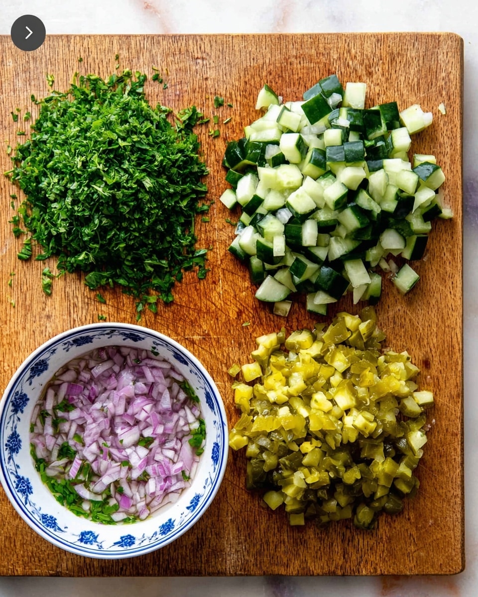 The image shows four piles of chopped food items on a wooden cutting board with a white marbled texture background. At the top left, there is a pile of finely chopped bright green parsley. Next to it on the right side, there is a larger pile of chopped cucumber with dark green skin and pale green inside. Below the cucumber, at the bottom right, there is a pile of small diced pickles with a yellow-green color. At the bottom left, there is a white bowl with a blue floral pattern on the rim, filled with finely chopped red onion soaking in water with a few green parsley pieces floating. Photo taken with an iphone --ar 4:5 --v 7