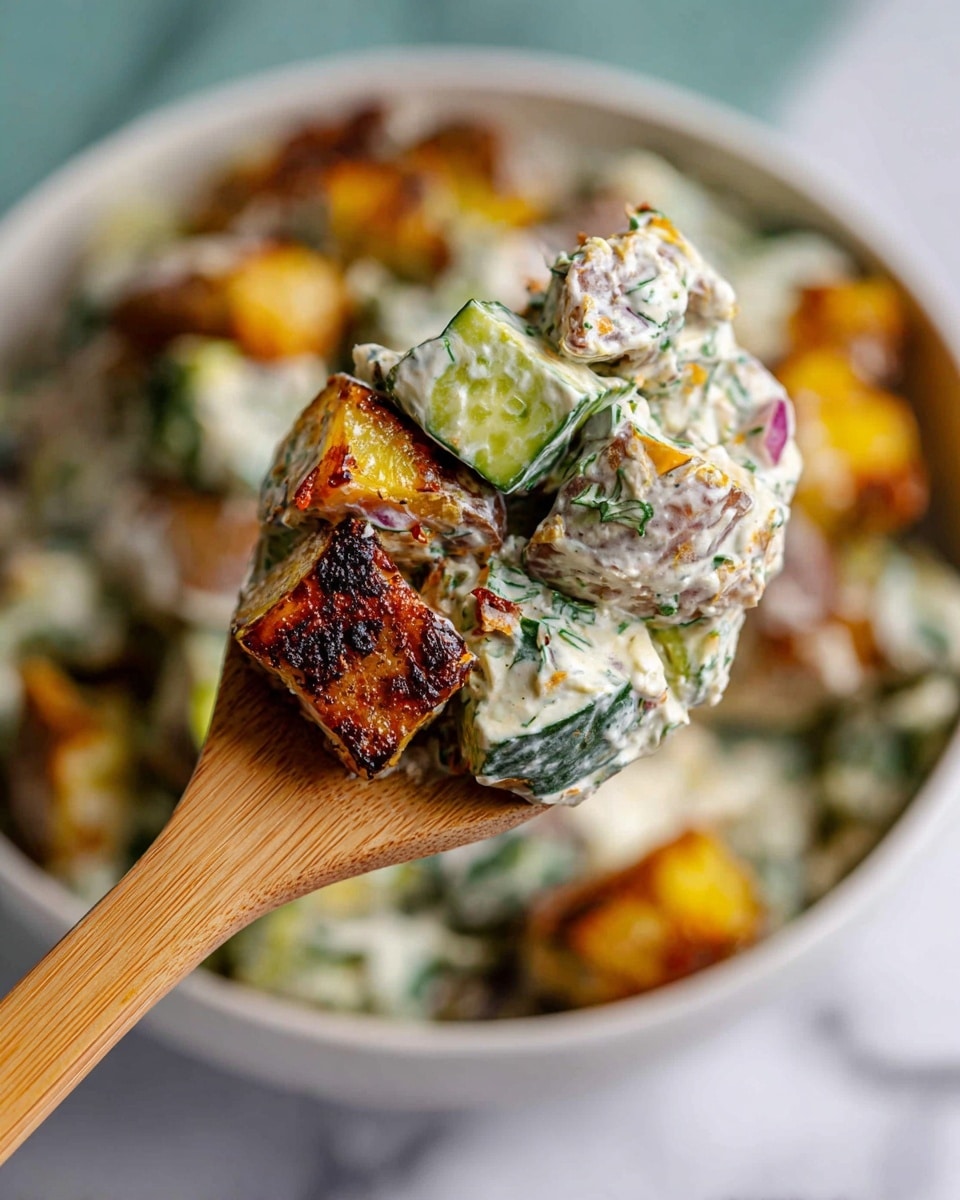 A close-up view of a wooden spoon holding a creamy salad with three main layers: the base layer shows chunky roasted potato pieces with crispy, browned edges that are golden yellow and dark brown; the middle layer consists of a thick, white sauce mixed with finely chopped green herbs and small bits of red onion; the top layer features cubed fresh cucumbers with a rich green color and a slightly glossy texture. The spoon is held over a deep white bowl filled with the same salad, sitting on a white marbled surface. Photo taken with an iphone --ar 4:5 --v 7