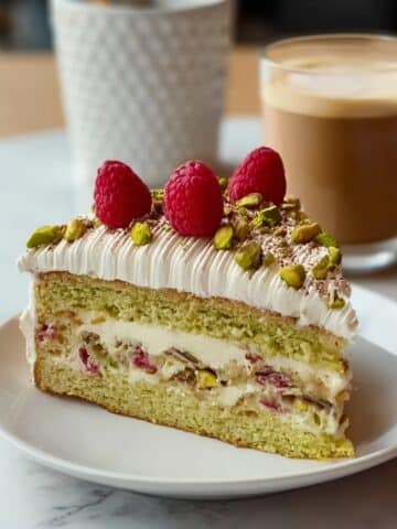 Raspberry Pistachio Layer Cake with Cream Filling and Fruity Topping Recipe