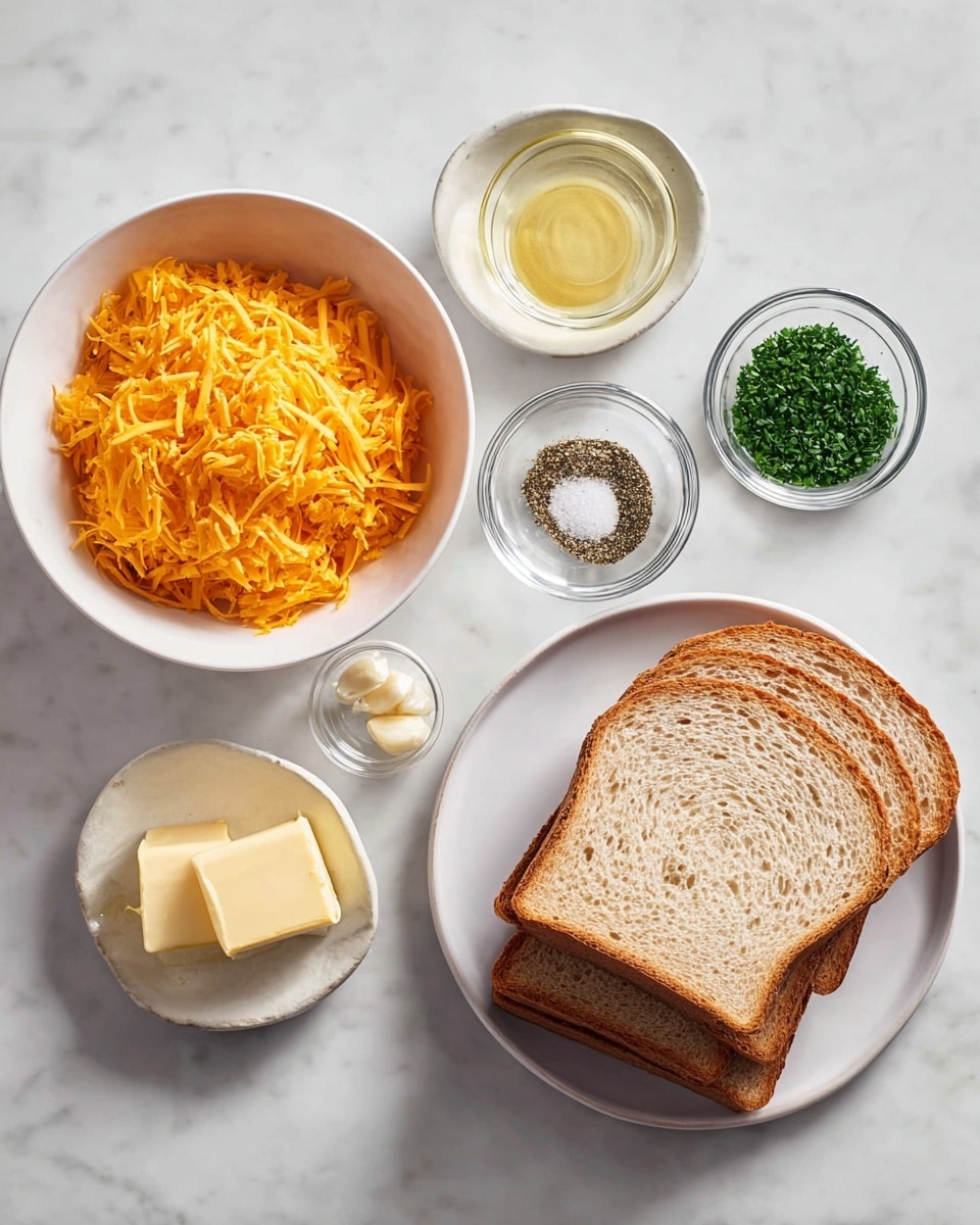 The image shows ingredients arranged neatly on a white marbled surface. On the left, there is a white bowl filled with shredded bright orange cheddar cheese. Next to it, three small white bowls hold fine chopped green herbs, coarse salt, and ground black pepper. In the center, a small clear glass bowl contains a block of yellow butter, and another small clear bowl holds minced garlic. To the right, a white plate has four slices of light brown bread stacked in two layers, showing their soft texture and crust details. The overall setting is bright and clean. photo taken with an iphone --ar 4:5 --v 7