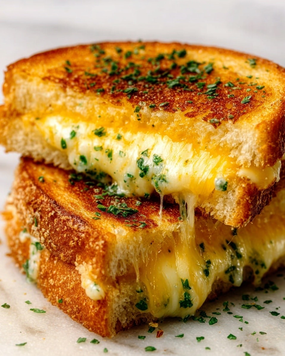 The image shows a close-up of a grilled cheese sandwich that is cut in half and stacked, with the top half slightly lifted. The sandwich has two slices of golden-brown toasted bread with a crunchy texture. Inside, there is melted yellow cheese mixed with green herbs that look soft and gooey, stretching a bit between the layers. The sandwich sits on a wooden board with a white marbled surface in the background. The photo taken with an iphone --ar 4:5 --v 7
