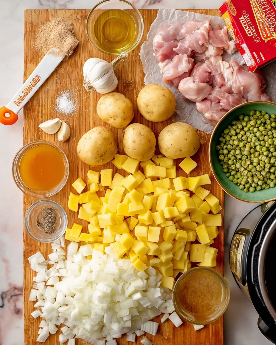 The image shows a wooden board on a white marbled surface with three layers of diced ingredients: a layer of white chopped onions at the bottom left, a layer of yellow chopped potatoes next to it towards the right, and whole potatoes above the chopped ones. At the top left of the board are two garlic cloves, a small pile of light brown powder with a white and orange measuring spoon, a small pile of oil in a clear glass bowl, and a small clear bowl with black pepper and salt. To the right of the board, some raw pink pork pieces sit on parchment paper next to a red and orange carton of chicken broth. A green bowl with mashed green peas is also partially visible on the top, and the corner of a black Instant Pot is on the right side. Photo taken with an iphone --ar 4:5 --v 7