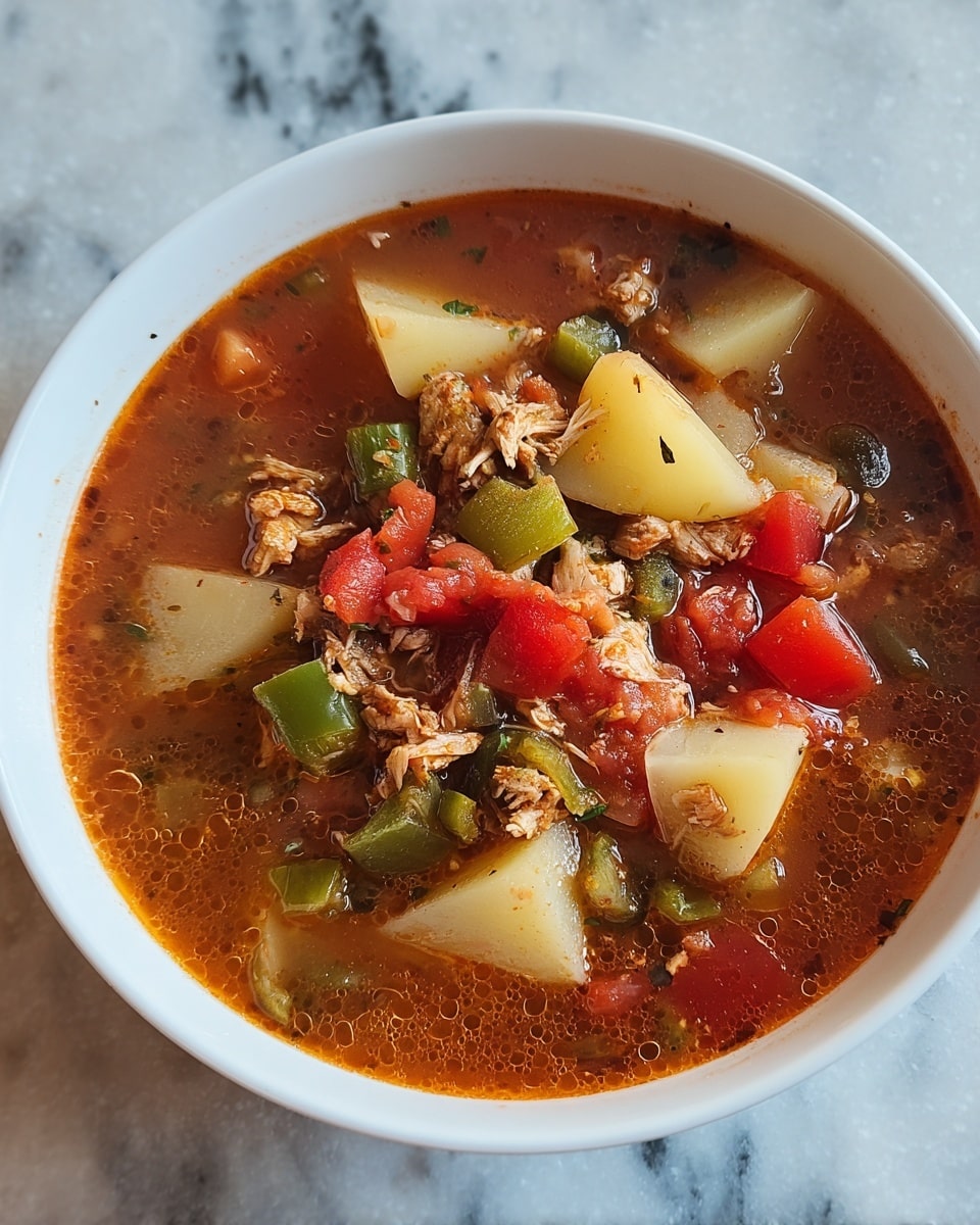 The image shows a bowl of chunky soup filled with several layers of ingredients. The base is a thick, reddish-brown broth with visible oil spots floating on the surface. Floating in the broth are large pieces of light yellow potatoes, chunky diced tomatoes in bright red, and diced green peppers. Small pieces of shredded light brown meat are scattered throughout the soup, adding more texture. The soup fills a white bowl, which sits on a white marbled surface. The photo taken with an iphone --ar 4:5 --v 7