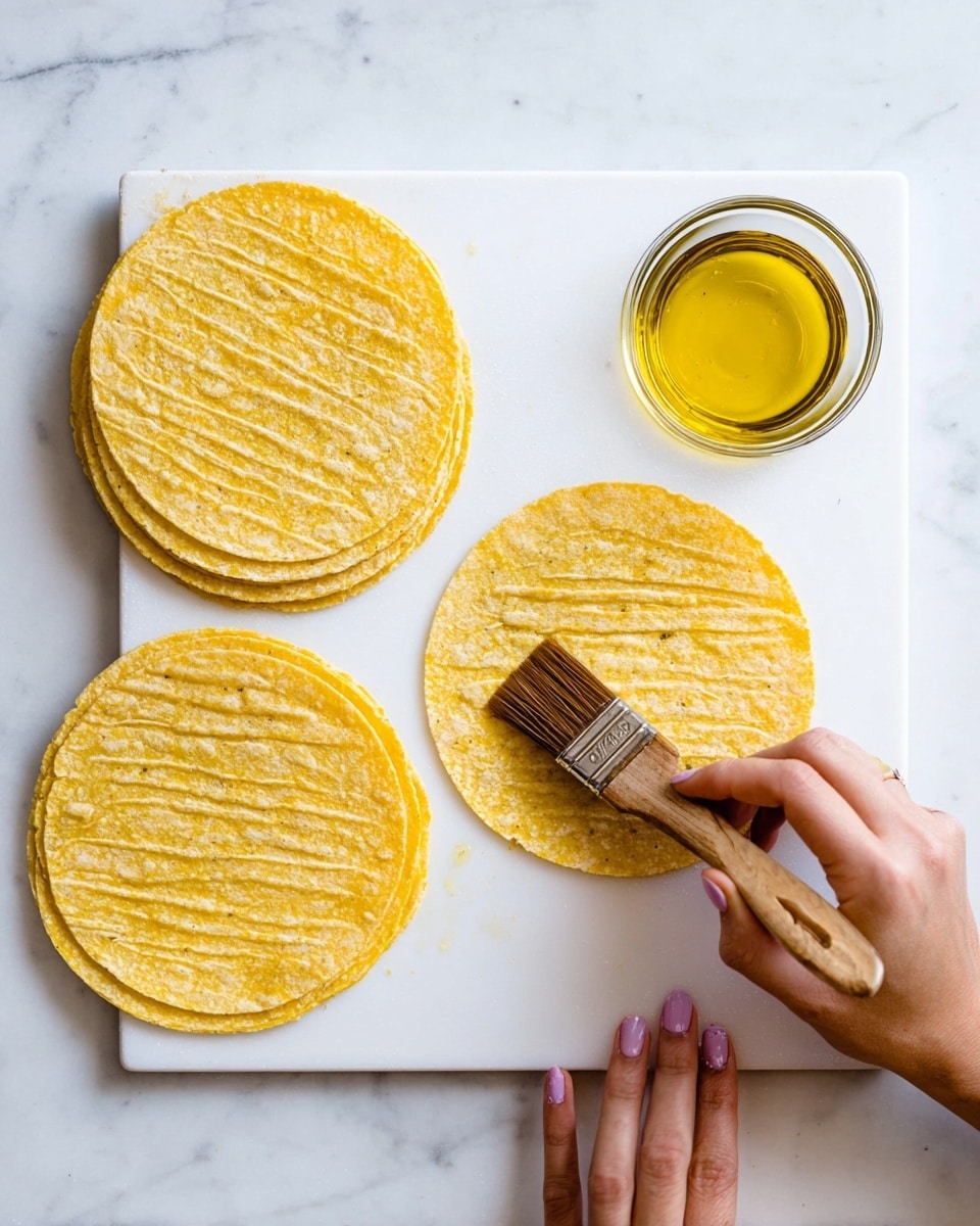 The image shows a white cutting board with a stack of thin, round yellow corn tortillas on the left side. Two tortillas lie flat on the board, and a woman's hand is holding one tortilla steady while her other woman's hand brushes a liquid, likely oil, onto the tortilla using a brown brush. To the top right of the board is a small clear glass bowl filled with golden oil. The background has a white marbled texture. photo taken with an iphone --ar 4:5 --v 7