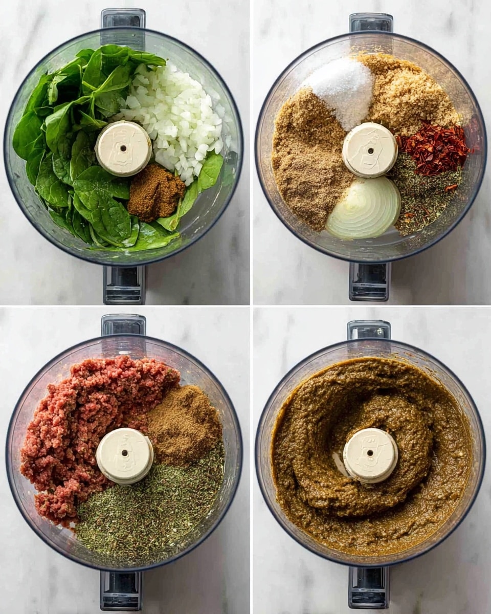 The image is divided into four parts, each showing a clear food processor bowl viewed from above on a white marbled surface. The top left part shows the bowl filled with separate layers: fresh green spinach leaves on the left, chopped white onions on the right, light brown crumbs at the top, and a mix of dried herbs and red chili flakes at the bottom. The top right part shows these ingredients blended together into a coarse, grainy, greenish mixture evenly spread in the bowl. The bottom left part shows the same greenish mixture with added raw red ground meat and a sprinkle of white salt on top. The bottom right part shows the final blended mixture, now smooth and thick, with a consistent brown color evenly spread on the sides of the bowl around the central blade.