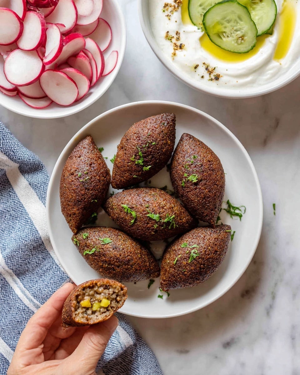 A white plate holds several dark brown, oval-shaped kibbeh with a slightly rough texture, sprinkled with chopped green herbs. Below the plate, a woman's hand holds one kibbeh showing a filled inside with a minced meat mixture that also contains small yellow pieces. To the left, there is a white bowl of sliced red radishes, and in front is a white bowl of creamy yogurt sauce with green specks and three cucumber slices on top, with a light drizzle of olive oil. All items are placed on a white marbled surface with a blue and white cloth partially visible under the kibbeh plate.