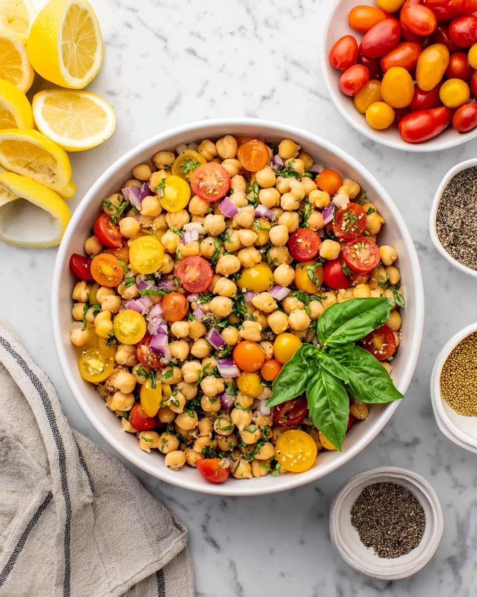 A white bowl filled with a colorful chickpea salad placed on a white marbled surface. The salad has one main layer of round, light beige chickpeas mixed with bright halved cherry tomatoes in red, yellow, and orange, scattered evenly. Small pieces of green leafy herbs, chopped red onions, and bits of seasoning mix through the salad, adding green and purple colors and texture.