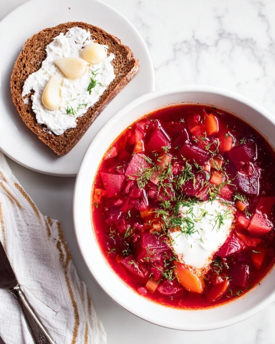 A white bowl filled with deep red borscht topped with a dollop of sour cream and dill; a slice of rye bread with garlic on the side