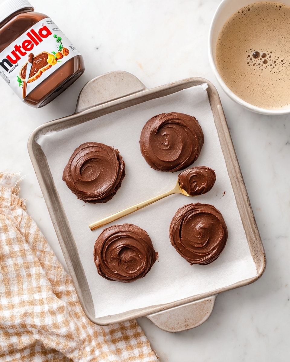 The image shows a baking tray lined with parchment paper holding four thick swirls of dark brown chocolate spread. Each swirl is round with smooth, creamy texture and slight peaks from spreading. A gold spoon rests on one swirl, carrying extra chocolate spread. To the upper left of the tray, there is a closed jar of Nutella, and at the top right, a white bowl contains a light beige mixture with visible bubbles. The tray and bowl sit on a white marbled surface, with a beige and white checked towel partially visible at the bottom left. photo taken with an iphone --ar 4:5 --v 7