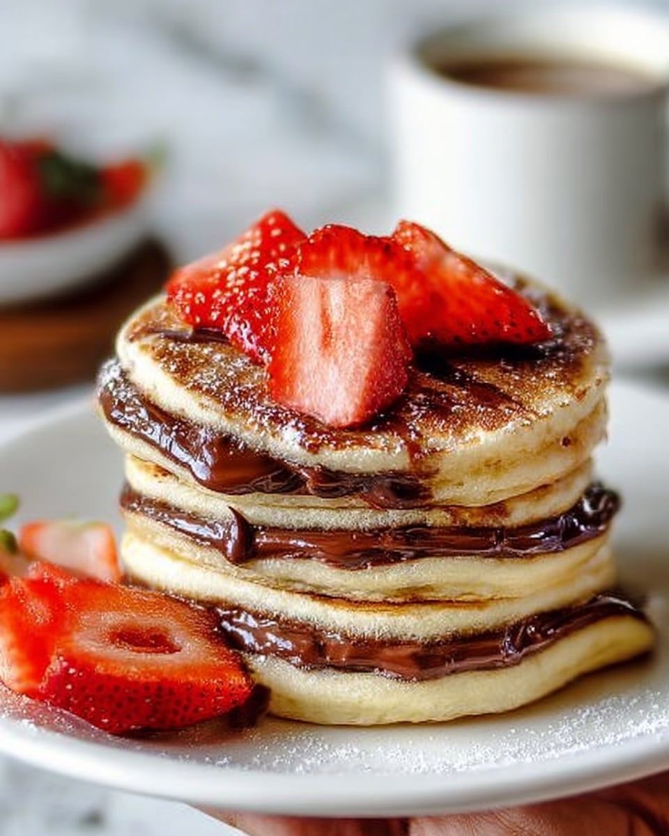 A stack of four thick golden pancakes is on a white plate, each pancake filled with a rich, melted chocolate layer visible between them. On top, several fresh bright red strawberry slices are scattered, adding a juicy and fresh touch.