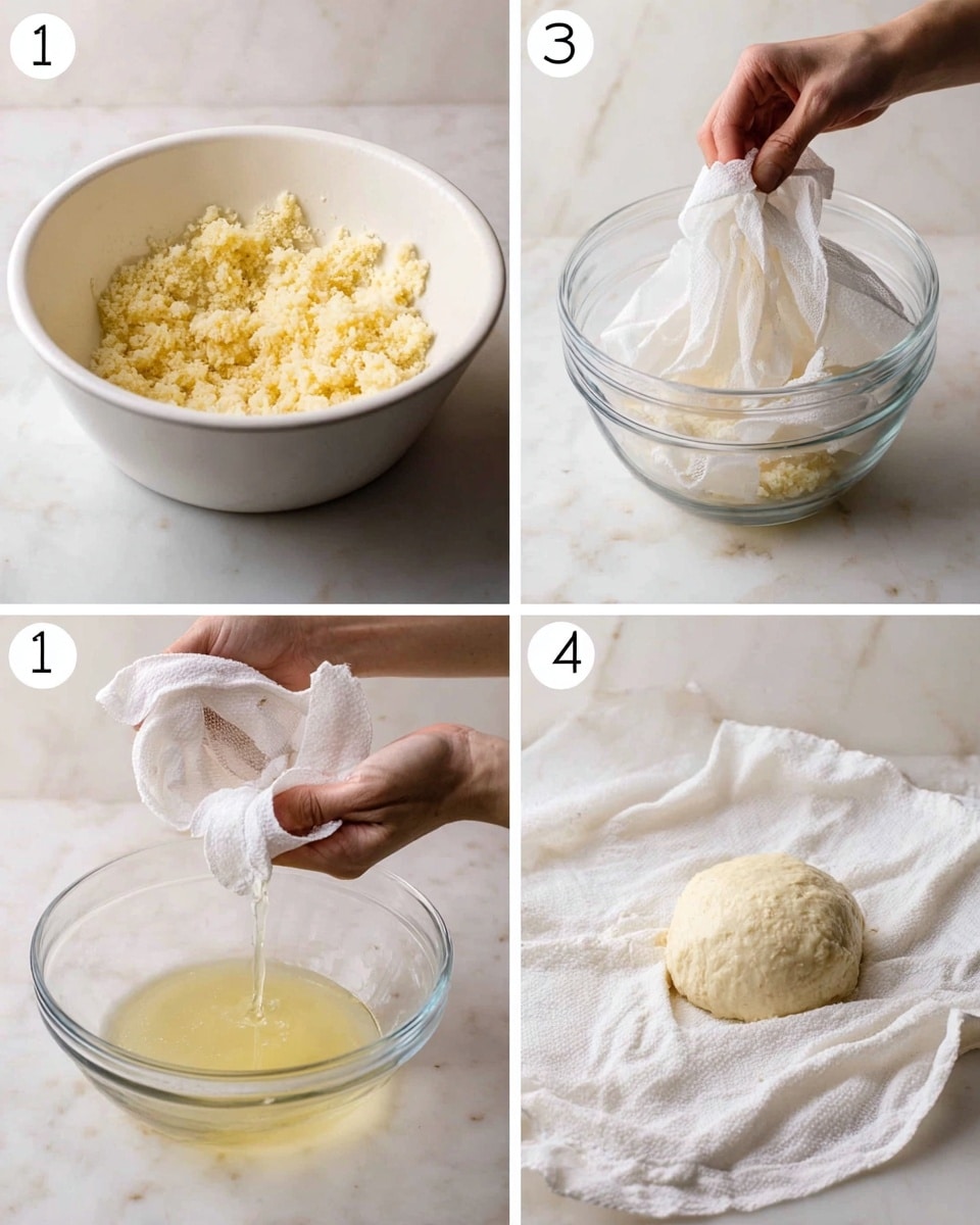 The image shows a four-step process of making a soft dough-like mixture. The first part shows a white bowl lined with a white cheesecloth, holding light yellow crumbly pieces. The second part has a glass bowl with a white cloth bundle, soaked and twisted tightly. The third part shows a pair of woman's hands squeezing the white cloth bundle above a glass bowl, with liquid dripping into it. The last part shows a white cloth spread on a white marbled surface with a round, soft dough on it and a glass bowl with clear light yellow liquid nearby. Photo taken with an iphone --ar 4:5 --v 7
