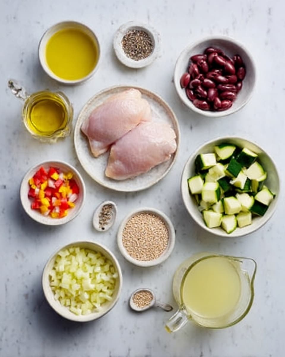 The image features nine white dishes arranged on a white marbled surface. At the center is a white plate with two raw pieces of chicken. Surrounding it are white bowls containing chopped yellow onions, small orange and red diced vegetables, green chopped zucchini, and some dark red beans or olives. There is a small white dish with oil, a small container with a mix of black and white pepper, a glass measuring cup filled with a light yellow liquid, and a small scoop with uncooked grains or seeds. The overall look is clean and organized, with bright colors from the fresh ingredients. photo taken with an iphone --ar 4:5 --v 7