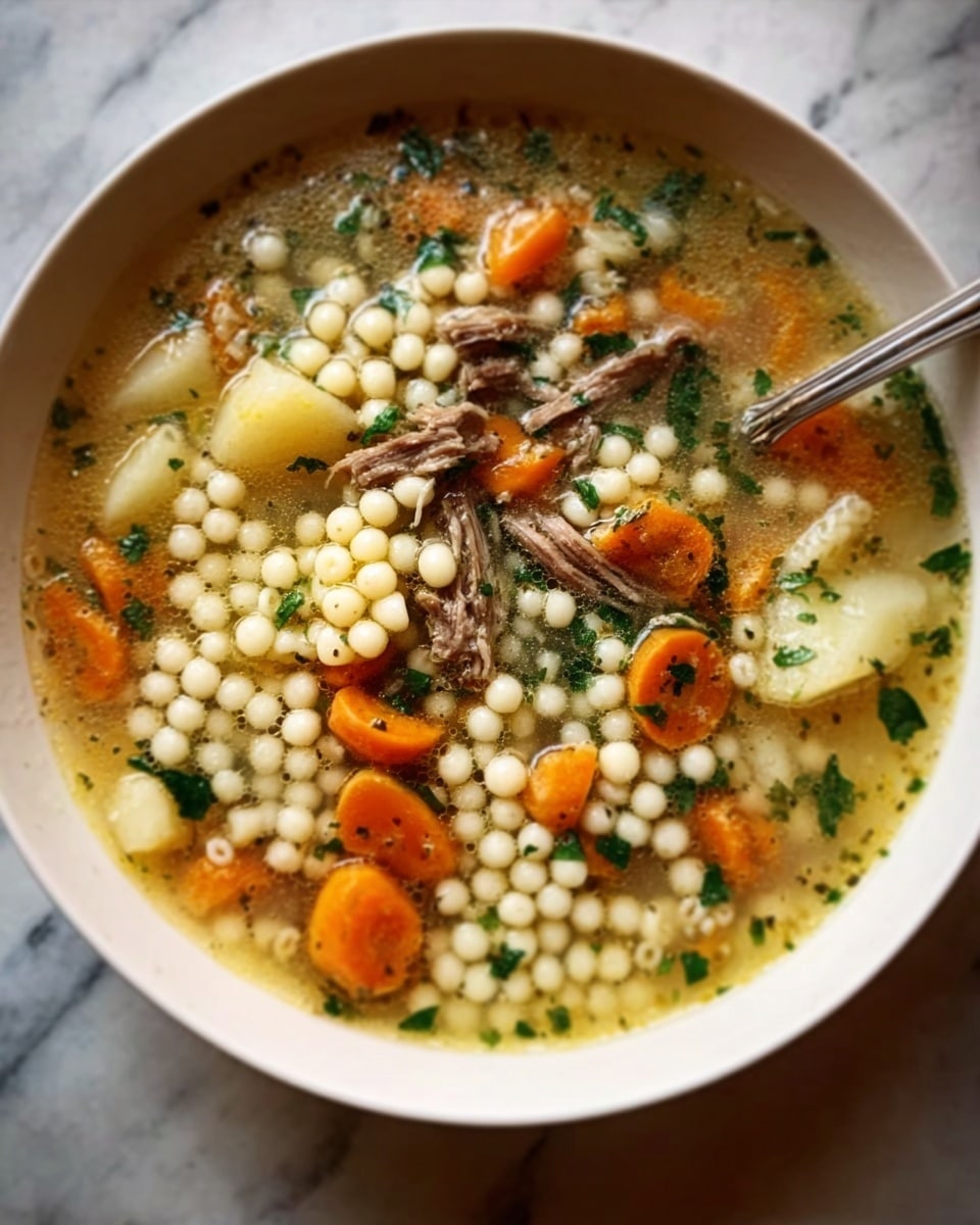 A bowl of warm soup with pearl couscous, carrots, herbs, and chicken pieces, garnished with crumbled feta and dill.