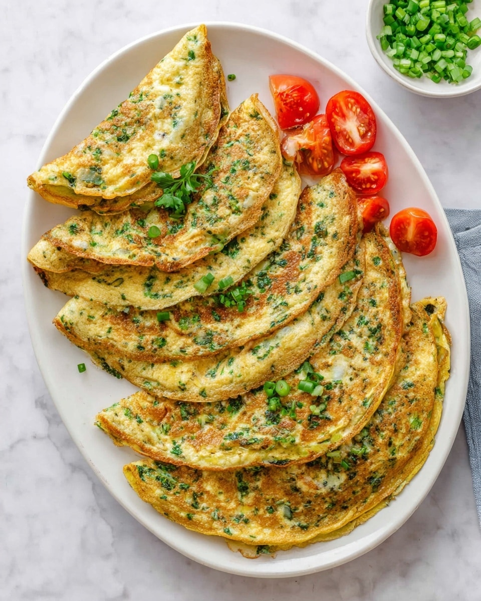 The image shows a white oval plate on a white marbled surface holding six folded omelettes, arranged side by side and slightly overlapping. Each omelette is golden brown with green herbs and chopped spring onions mixed evenly throughout, giving a speckled texture. The edges are lightly browned and crisp. Around the omelettes, there are several quartered bright red tomato wedges adding a splash of color. A small white bowl with more chopped green onions is visible in the top right corner. photo taken with an iphone --ar 4:5 --v 7