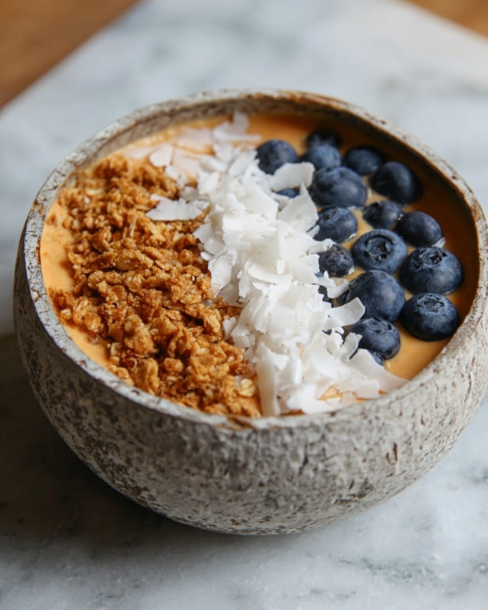A white bowl with rough stone-like texture holds a smoothie bowl with three layers on top: on the left side, a layer of golden granola with an uneven crunchy texture; in the middle, a layer of white shredded coconut flakes with a fibrous texture; on the right side, a layer of fresh, plump blue blueberries with a smooth, shiny surface. The smoothie base underneath is light orange. The bowl sits on a white marbled surface. Photo taken with an iphone --ar 4:5 --v 7