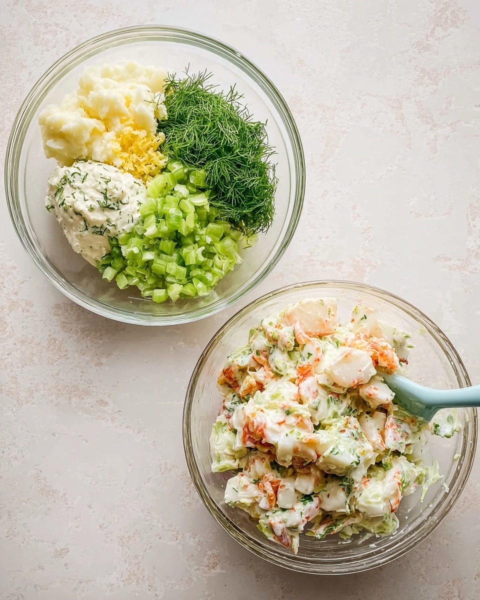 The image shows two clear glass bowls placed on a white marbled surface. The bowl on the left holds ingredients in separate layers: bright green chopped celery on the bottom left, mashed white potato or similar mash on the top left, small bright yellow bits near the center, a heap of fresh dark green dill, and chunks of white seafood with orange edges on the right side. The bottom left also has a creamy off-white dollop, likely mayonnaise, sprinkled with green herbs. The bowl on the right contains all these ingredients mixed together into a creamy white, green, and orange salad, with a light blue spoon resting inside. Photo taken with an iphone --ar 4:5 --v 7