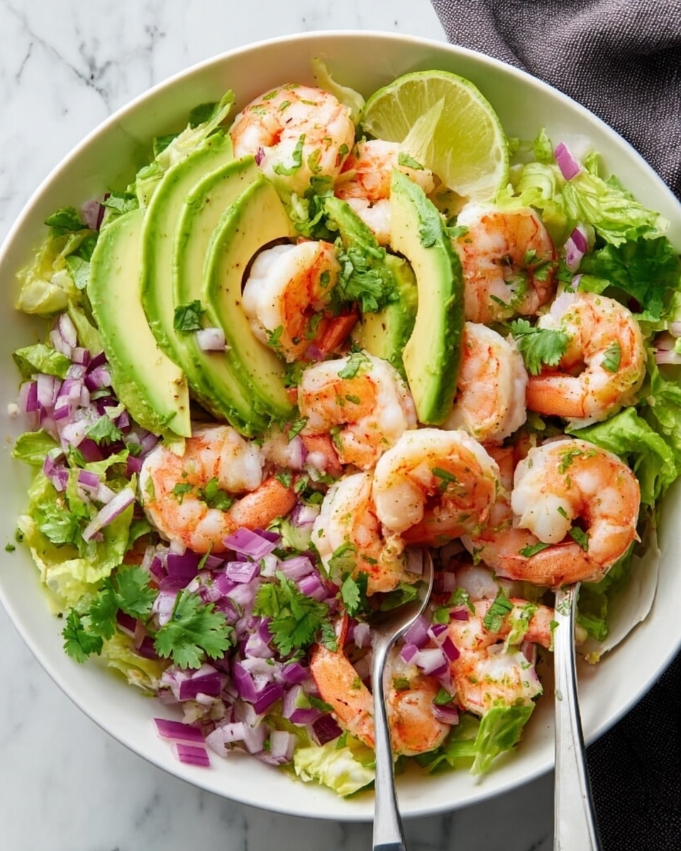 A white round bowl filled with a colorful shrimp salad set on a white marbled surface. The bottom layer consists of small green lettuce pieces scattered evenly. On top, pink-orange cooked shrimp are arranged in a circular pattern along the edges and center. Green avocado slices with smooth texture are placed between the shrimp, adding contrast. Small diced pieces of purple onion and white onion are sprinkled all over, creating a mix of colors. Fresh green cilantro leaves are spread on top for decoration. A woman's hand holds a fork and spoon resting inside the bowl. photo taken with an iphone --ar 4:5 --v 7